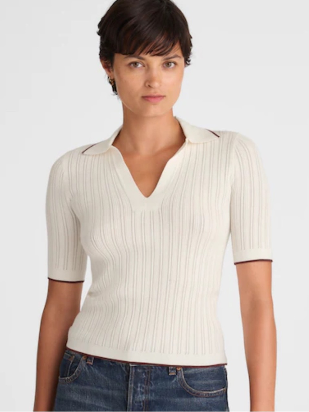 Madewell Cream Ribbed Polo Top with Dark burgundy  Trim